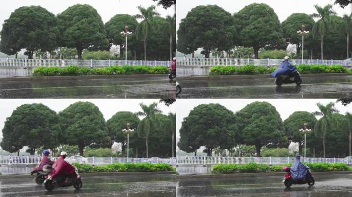 雨天马路电动车雨天骑行上班