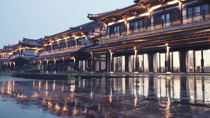 传统中式建筑红木小镇夜景