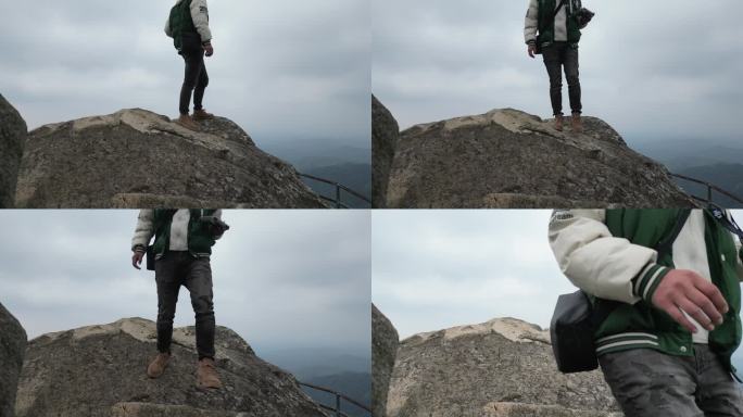 登顶山峰 脚步特写  身影经过