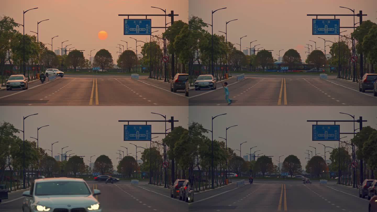 杭州城市街道日落路灯亮起延时