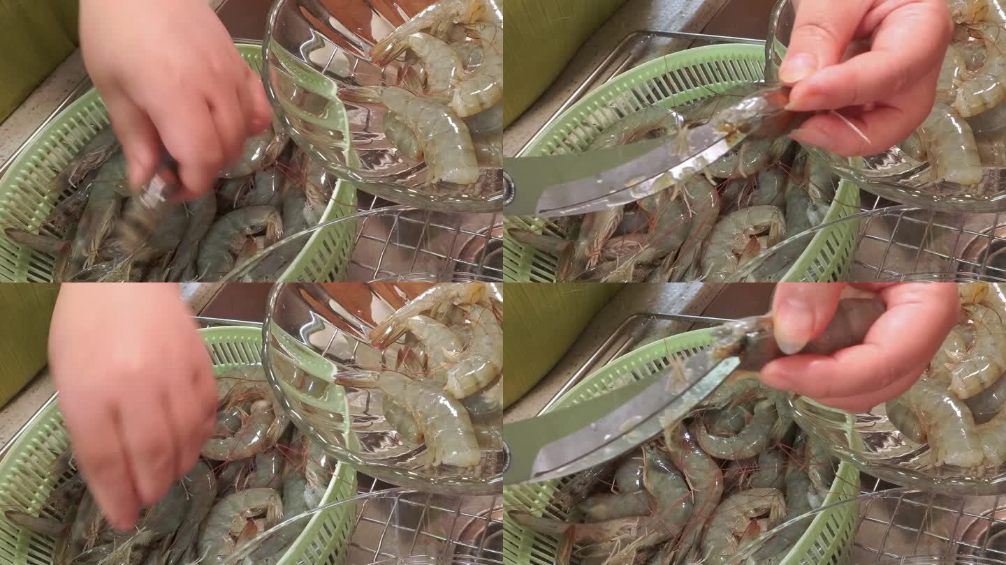 大虾过水清洗虾头虾线 (2)