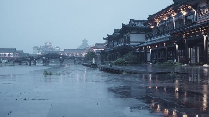 传统中式建筑红木小镇夜景