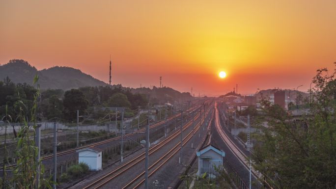 中国高铁，动车，日落，火车，日落4K延时