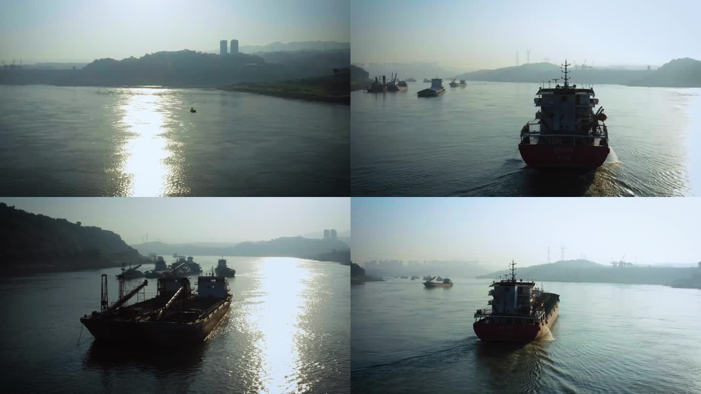 4K航拍重庆长江波光粼粼船舶