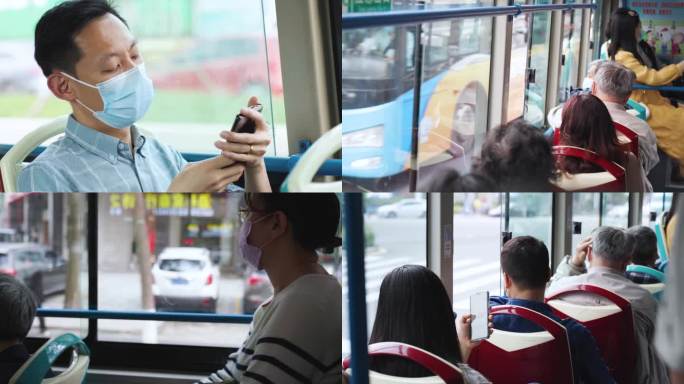 乘客坐在公交车上看手机（4K50帧）
