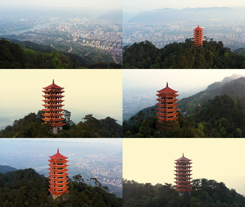 航拍缙云山观景塔全景