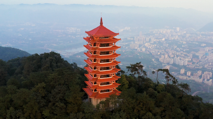 航拍缙云山观景塔全景