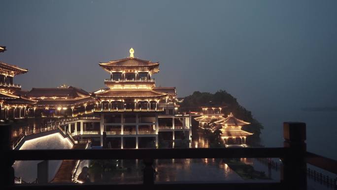 传统中式建筑红木小镇夜景