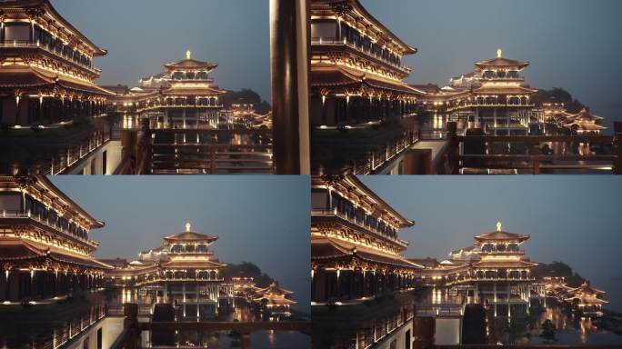 传统中式建筑红木小镇夜景