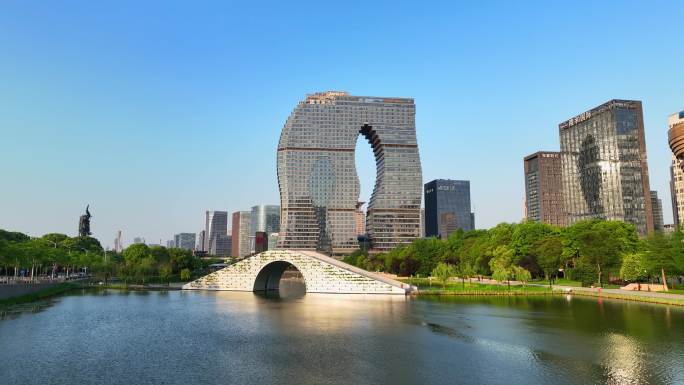 航拍杭州滨江低碳科技馆标志性建筑
