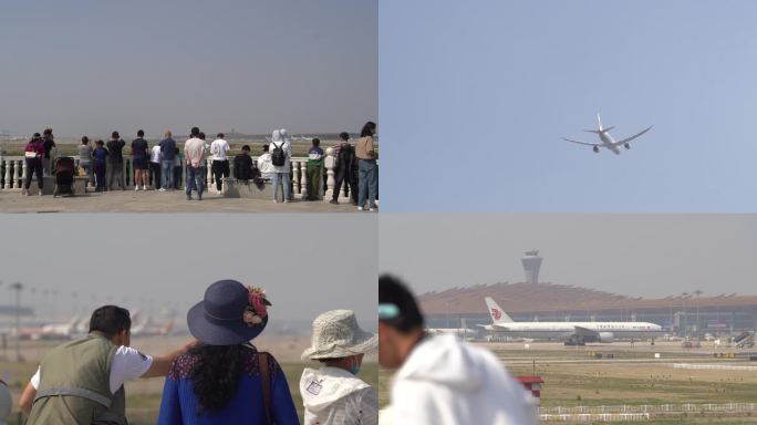飞机场内飞机滑行飞机跑道起飞游人拍照4K