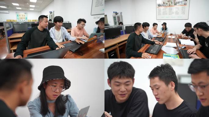 大学生和同学看电脑交流讨论课堂知识