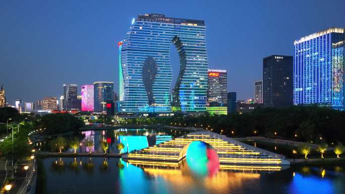 航拍杭州滨江标志性建筑 夜景