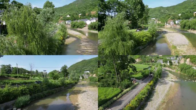 汽车自驾游在乡村景区道路上河边行驶