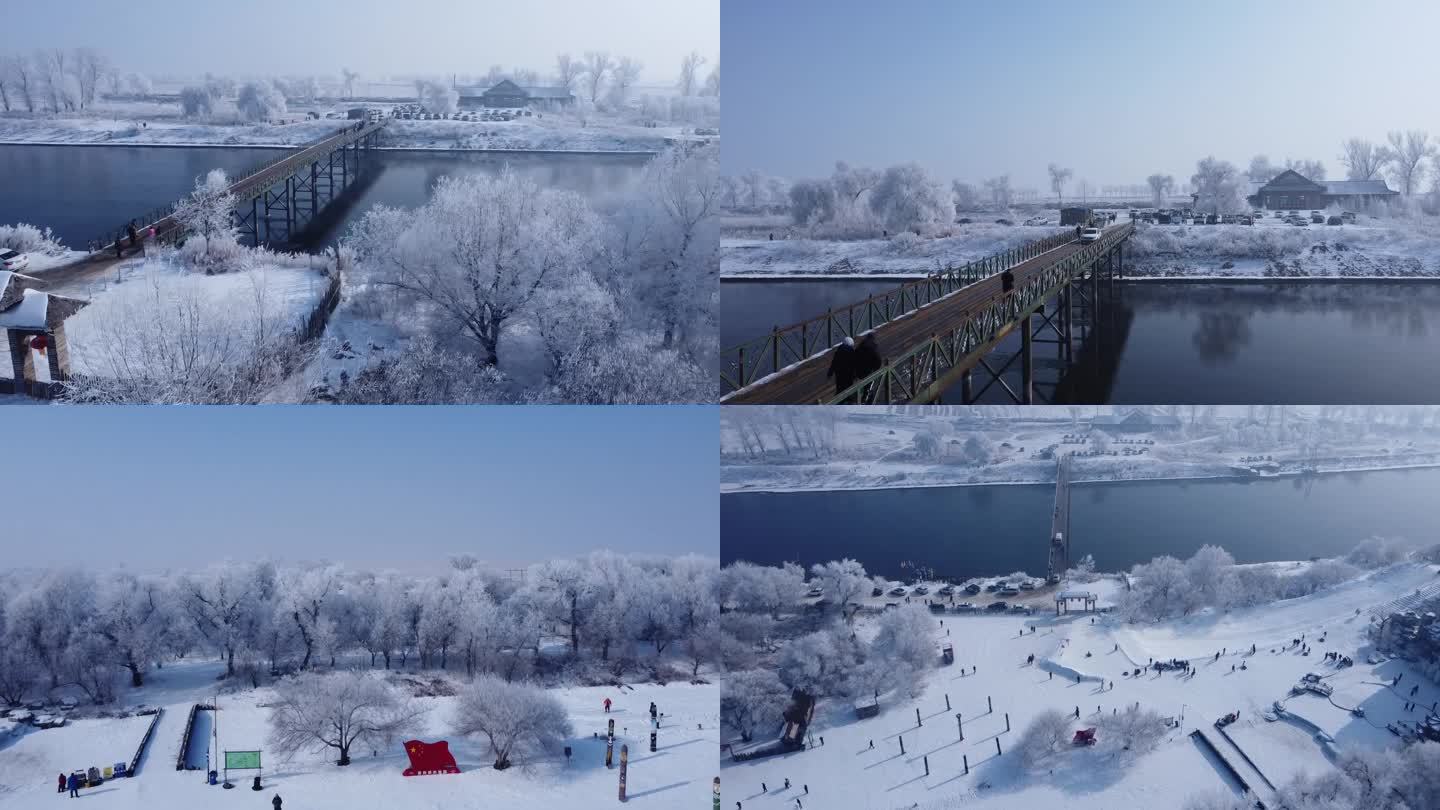 航拍北方冬天雪地河边雪景冰面冰河旅游