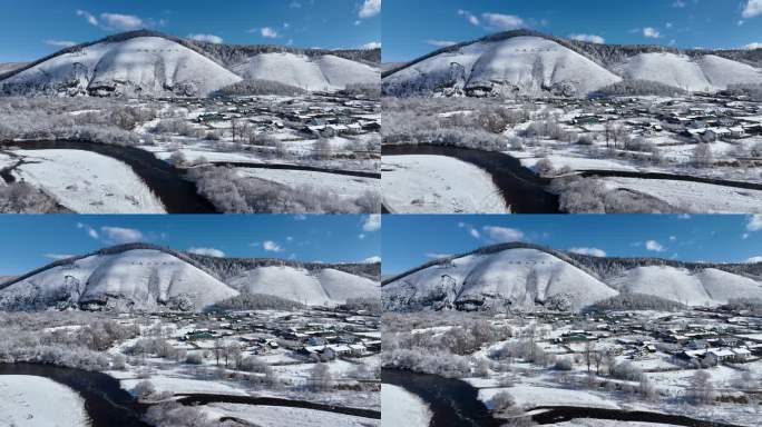 航拍早春大兴安岭雪村