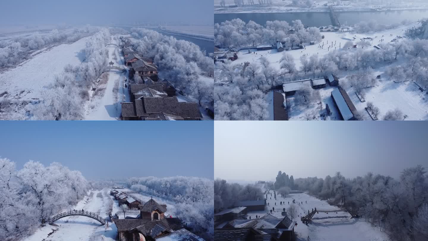 雪景冰面冰河震撼雪树雪村冬天大气俯瞰航拍