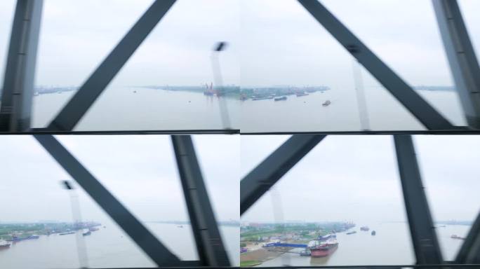 高铁动车火车视角沿途窗外长江大桥高铁视角