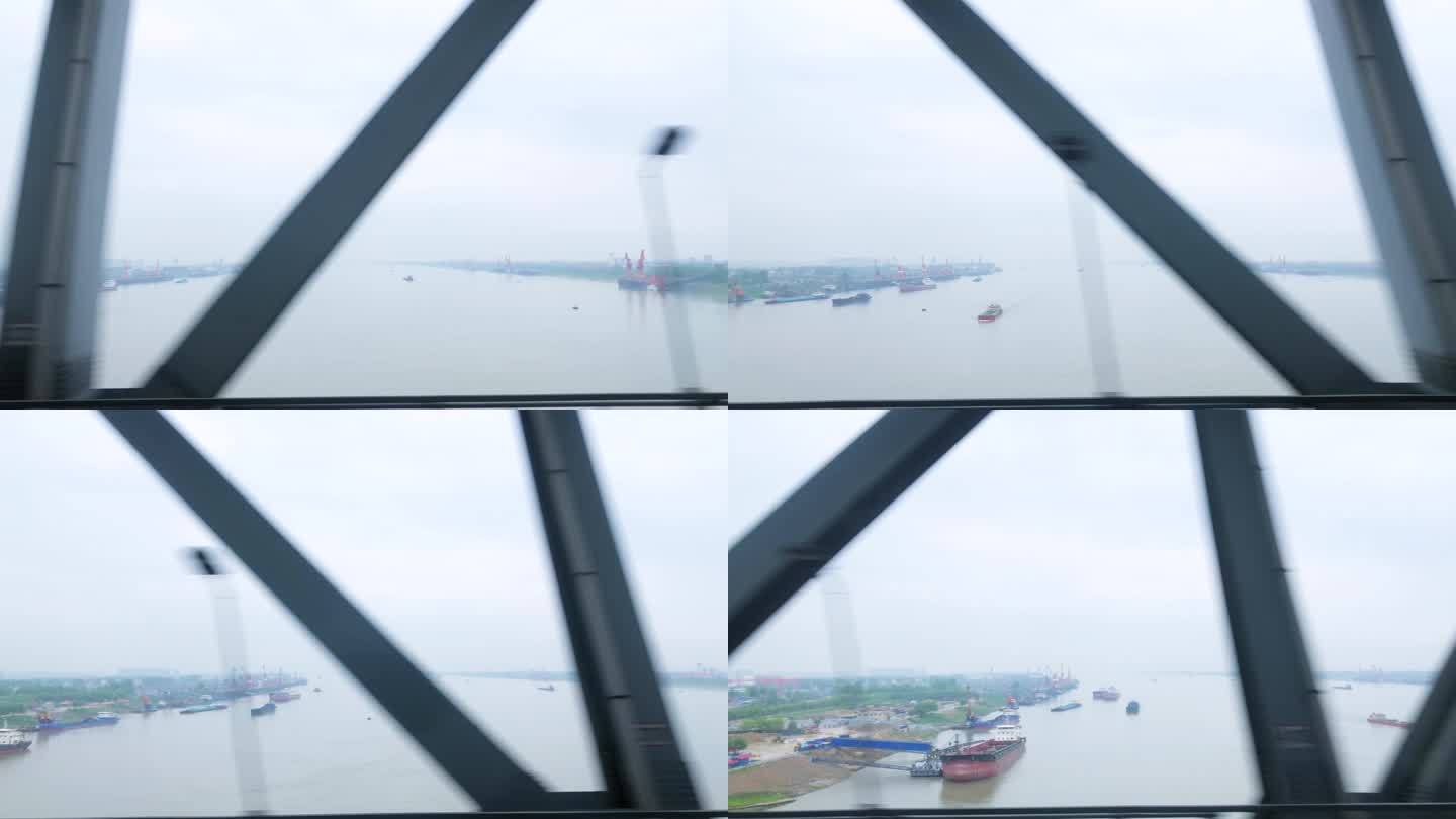 高铁动车火车视角沿途窗外长江大桥高铁视角
