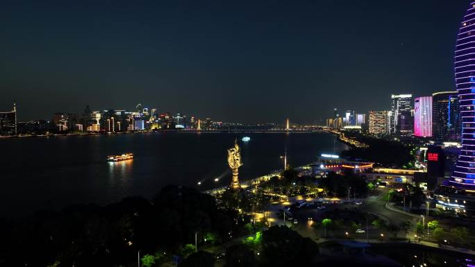 航拍杭州滨江标志性建筑夜景