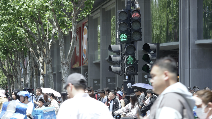 街道路口红绿灯车流人流人群过斑马线繁忙街