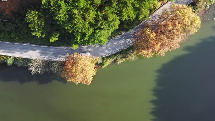 警车航拍行驶在河边公路