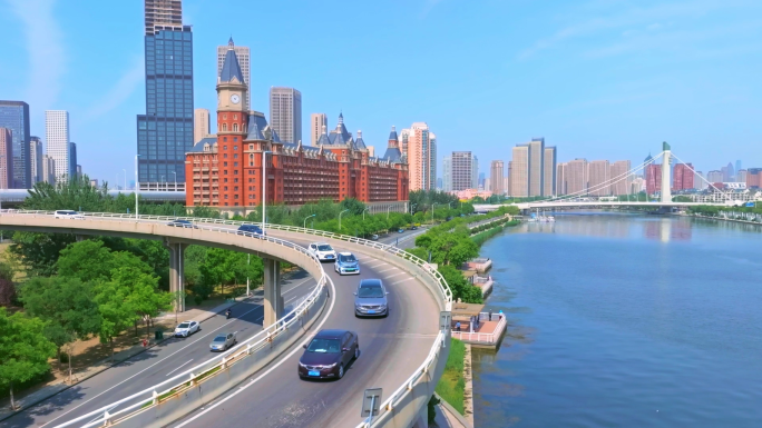 天津地标海河风景航拍海津大桥城市建设车流