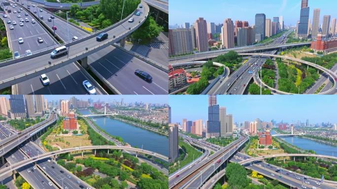 天津地标海河风景航拍海津大桥城市建设车流