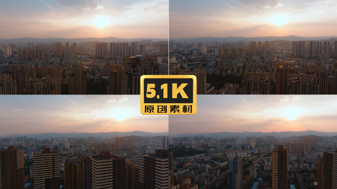 5K-航拍夕阳下的春城，夕阳下的滨江俊园