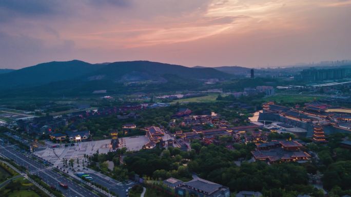 湖北荆州中国唐朝夜景日落晚霞航拍移动延时