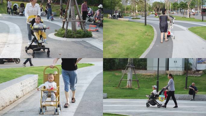 各式各样的小孩推车逛公园（4K50帧）