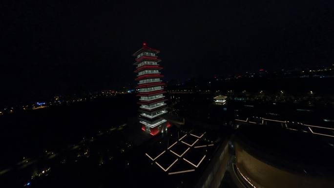 穿越机航拍中国大运河博物馆大运塔夜景