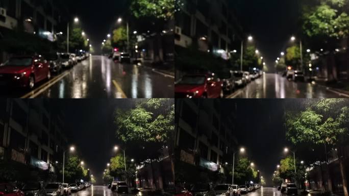 雨夜城市暴雨如注雨滴街道雷鸣电闪路灯熄灭