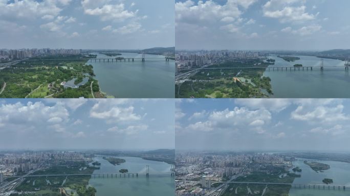 航拍襄阳汉江蓝天白云城市风光自然风景