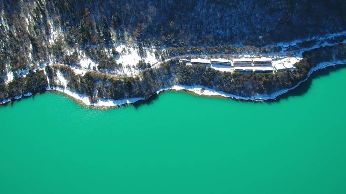 航拍西藏林芝市巴松措景区雪山森林湖泊风光