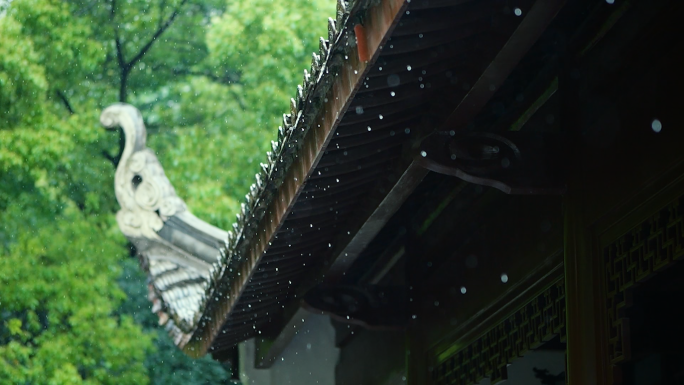 下雨天古建筑屋檐下雨空镜意境唯美中国风