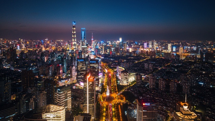 上海世纪大道中轴线航拍夜景大范围延时