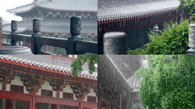 雨天寺庙屋檐下雨