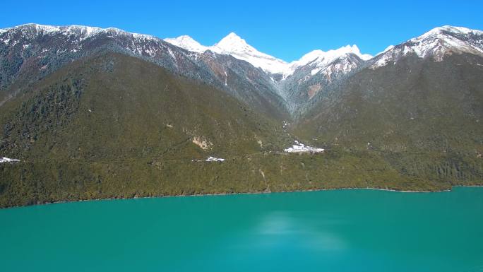航拍西藏林芝市巴松措景区雪山森林湖泊风光