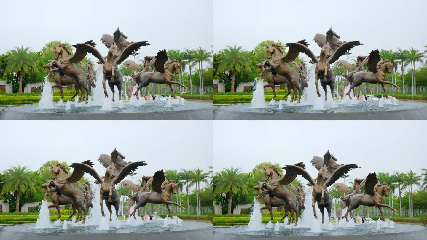 小区 水池 喷泉 飞马 雕塑 水景
