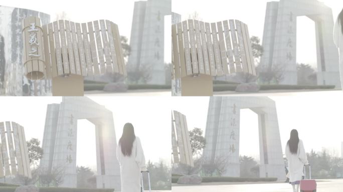 朝阳下女孩在广场行走的背影