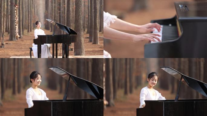 弹钢琴 森林中演奏 美女弹琴  钢琴