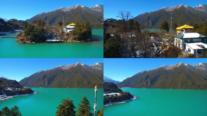 航拍西藏林芝市巴松措景区雪山森林湖泊风光