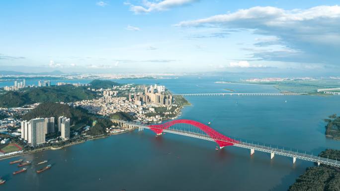 航拍广州南沙明珠湾大桥晴朗天气4k延时