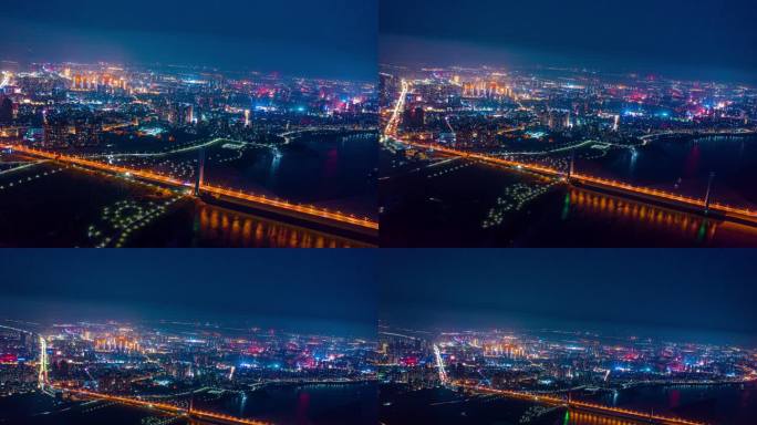 荆州沙市长江大桥后退城市全景夜景航拍延时