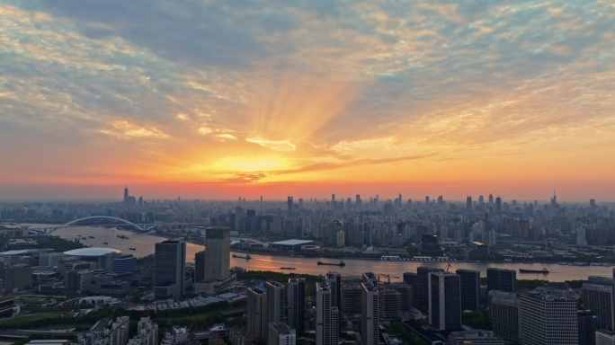 航拍上海城市夕阳建筑工地风光4k