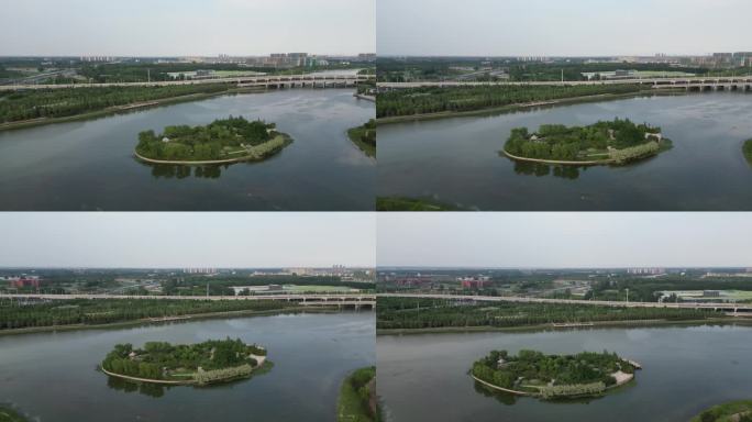 城市风光航拍公园美景水岛树高架桥