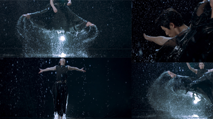 男子在雨中跳舞跨越爆发力 水中舞蹈