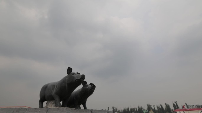 黑猪铜像雕像延时拍摄
