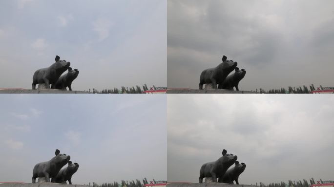 黑猪铜像雕像延时拍摄